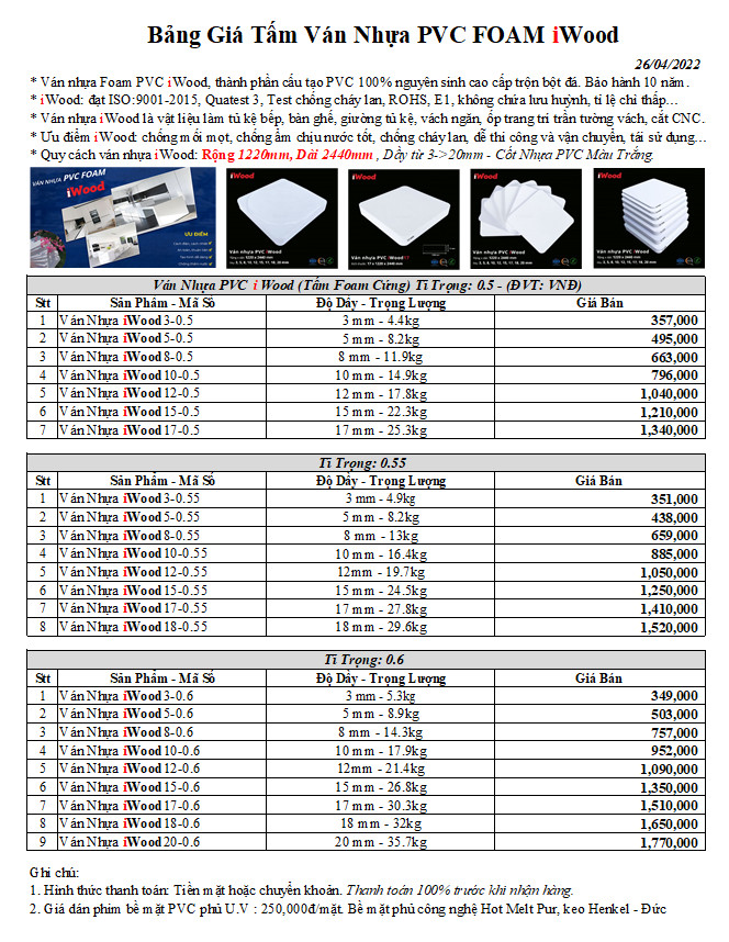 bảng giá tấm ván PVC Foam