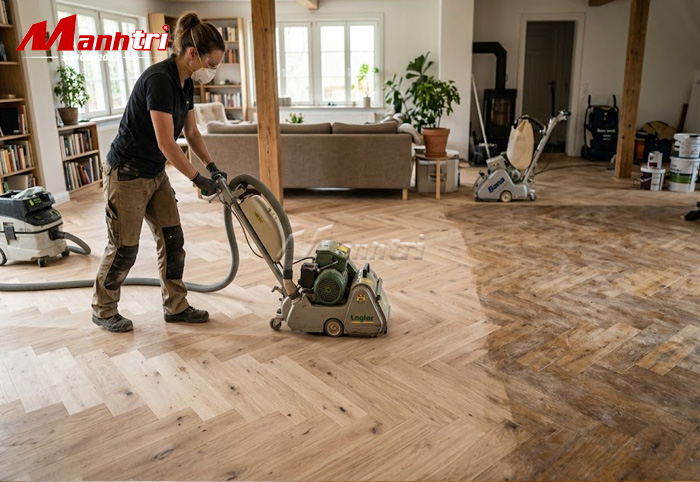 Không gian phòng khách với sàn gỗ óc chó sang trọng